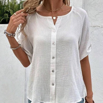 Chic White Short Sleeve Button-Up Shirt - Vogue Aura