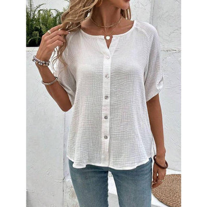 Chic White Short Sleeve Button-Up Shirt - Vogue Aura