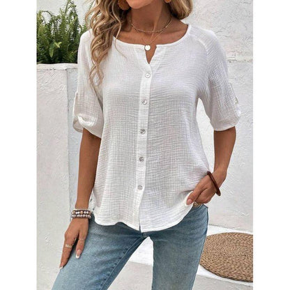 Chic White Short Sleeve Button-Up Shirt - Vogue Aura