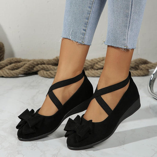 Suede Bow Cross Elastic Band Wedge Oversized Shoes - Vogue Aura