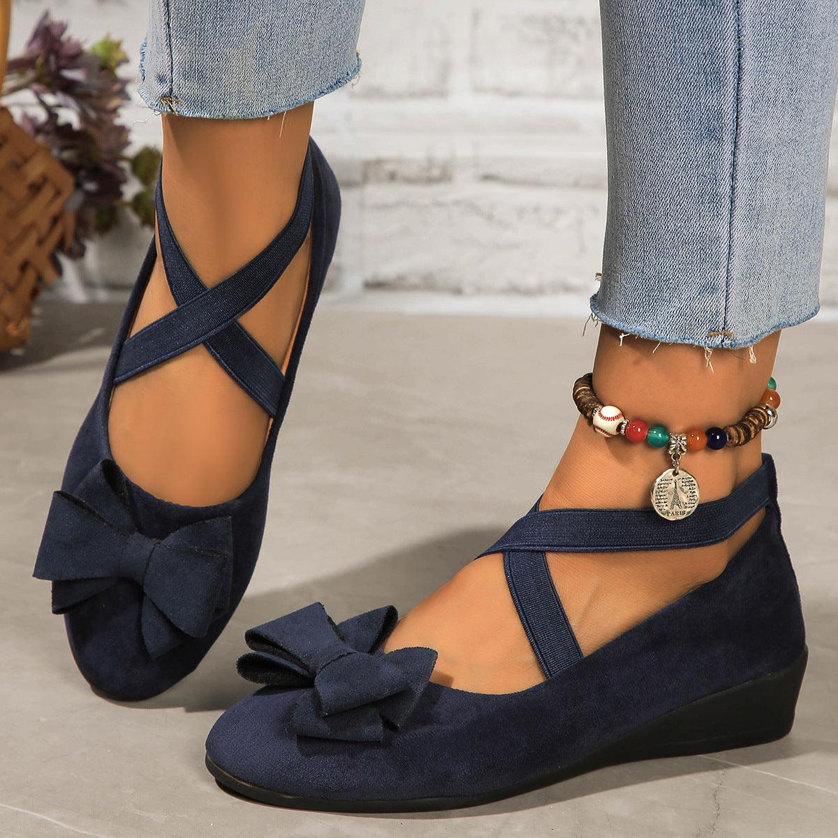 Suede Bow Cross Elastic Band Wedge Shoes - Vogue Aura