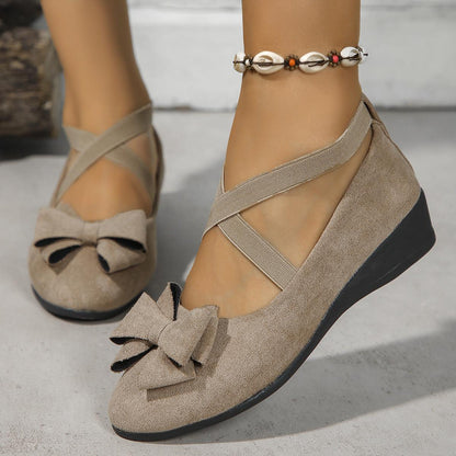 Suede Bow Cross Elastic Band Wedge Shoes - Vogue Aura