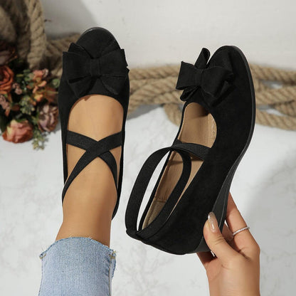 Suede Bow Cross Elastic Band Wedge Shoes - Vogue Aura