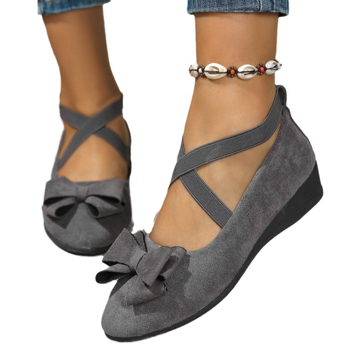 Suede Bow Cross Elastic Band Wedge Shoes - Vogue Aura