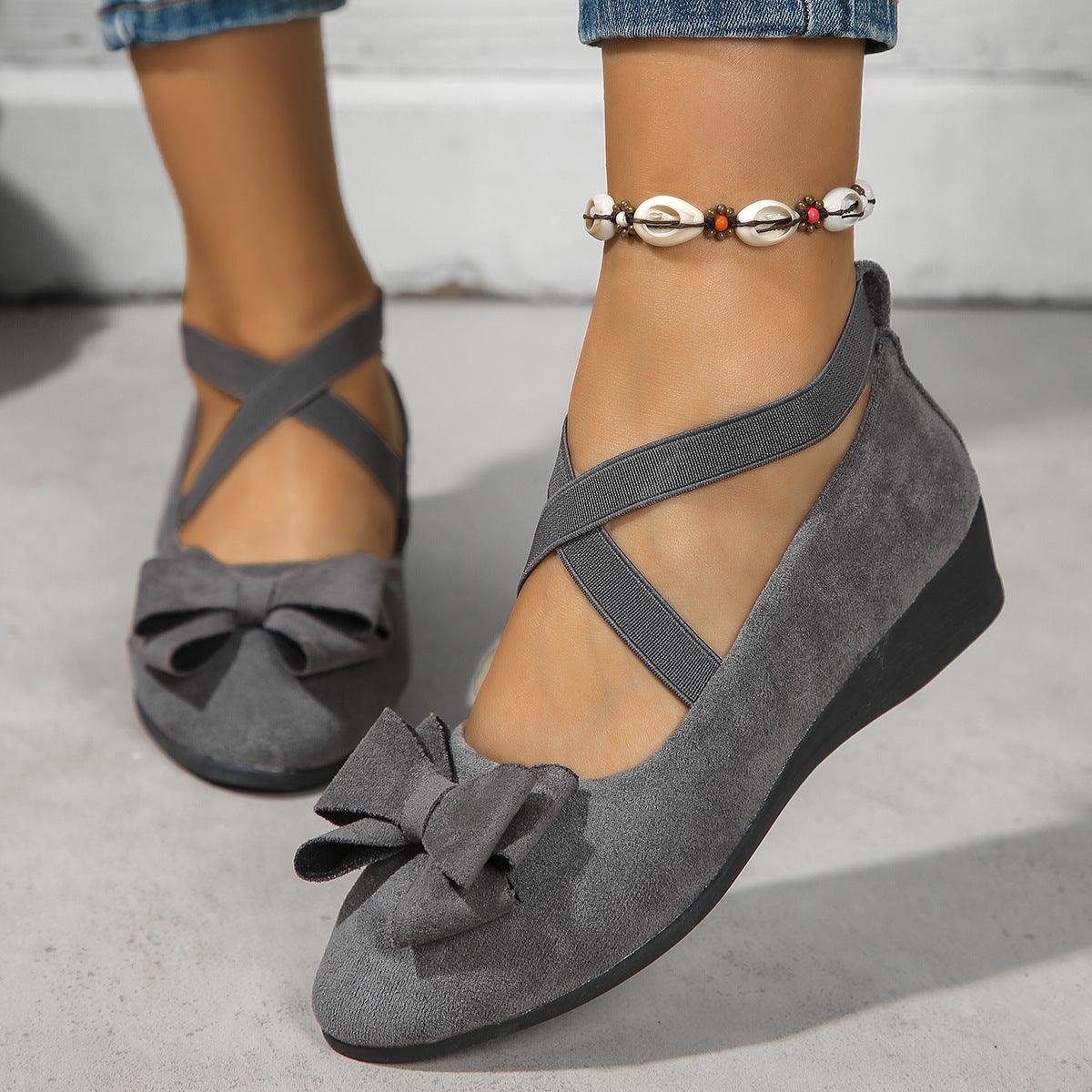 Suede Bow Cross Elastic Band Wedge Shoes - Vogue Aura