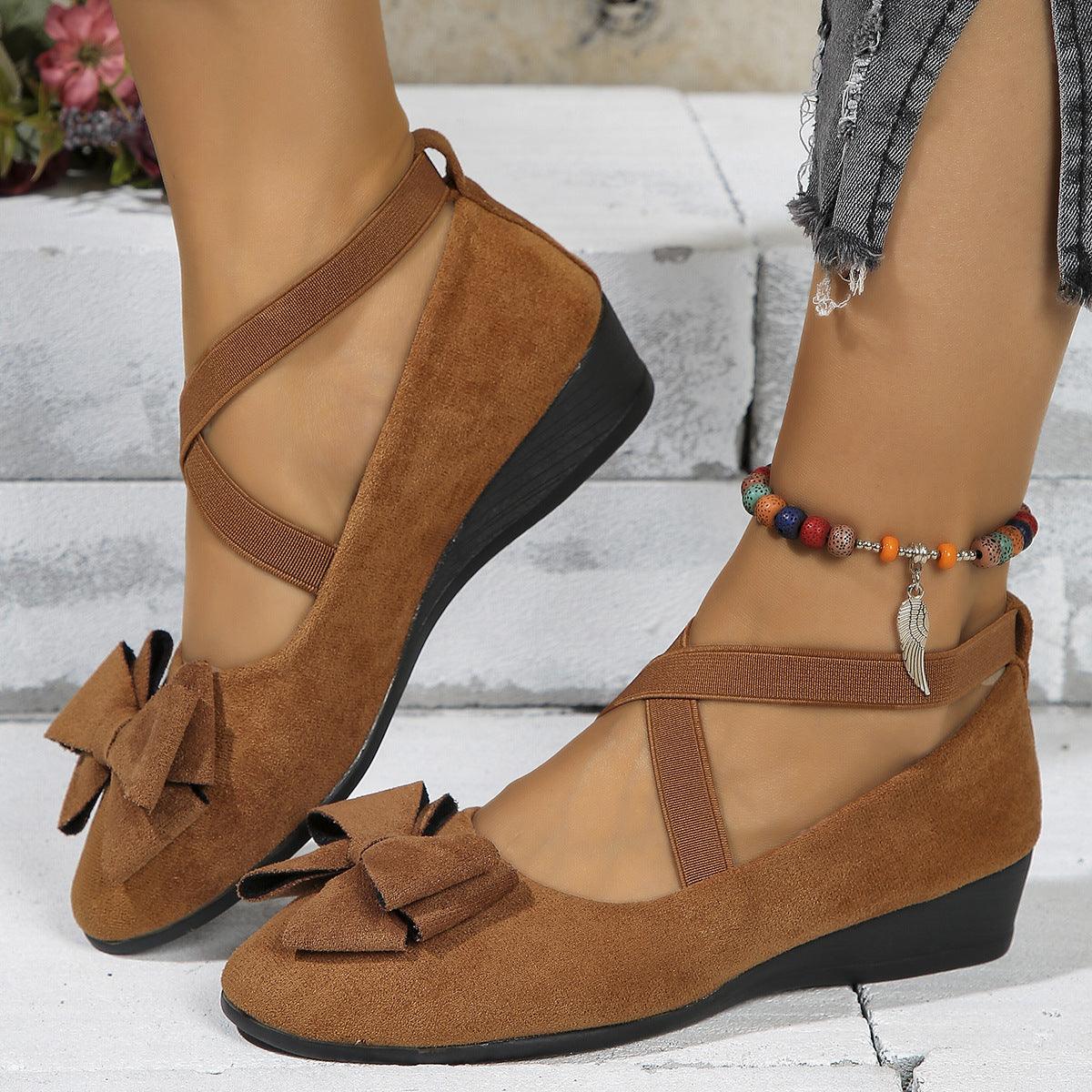 Suede Bow Cross Elastic Band Wedge Shoes - Vogue Aura