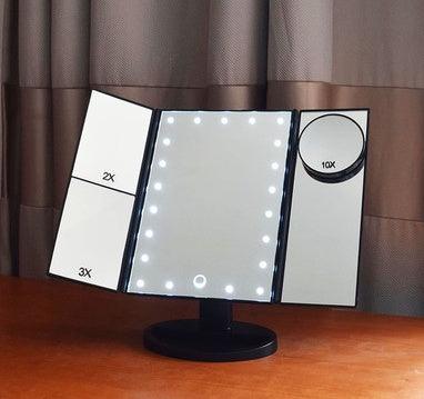 Three-sided Foldable Magnifying Desktop Makeup Mirror With Lamp - Vogue Aura