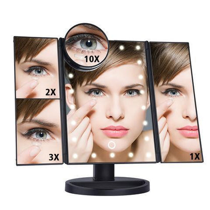 Three-sided Foldable Magnifying Desktop Makeup Mirror With Lamp - Vogue Aura