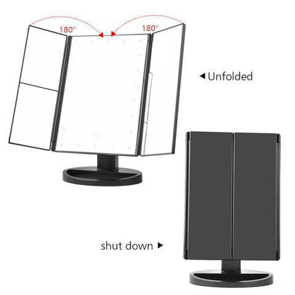 Three-sided Foldable Magnifying Desktop Makeup Mirror With Lamp - Vogue Aura