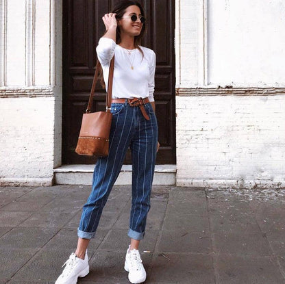 Trendy Elastic Striped Denim Trousers - Vogue Aura