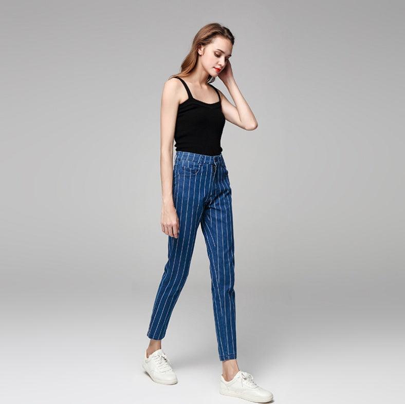 Trendy Elastic Striped Denim Trousers - Vogue Aura