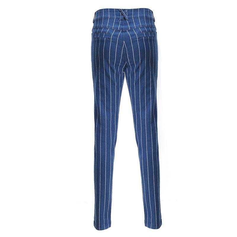 Contemporary Elastic Striped Denim Trousers - Vogue Aura