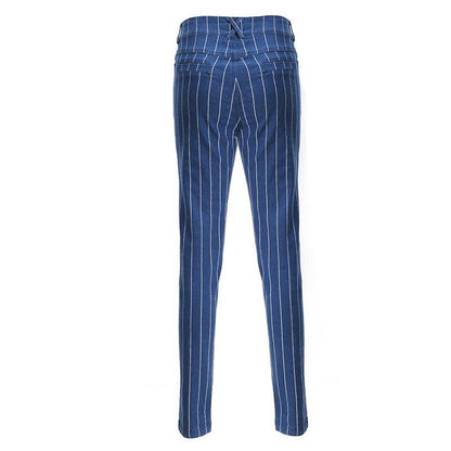 Trendy Elastic Striped Denim Trousers - Vogue Aura