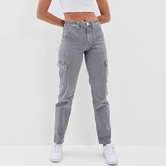 Chic High-Waisted Gray Straight-Leg Jeans with Functional Pockets - Vogue Aura