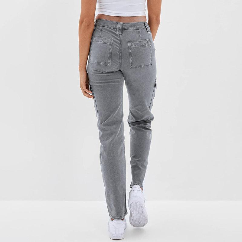 Chic High-Waisted Gray Straight-Leg Jeans with Functional Pockets - Vogue Aura