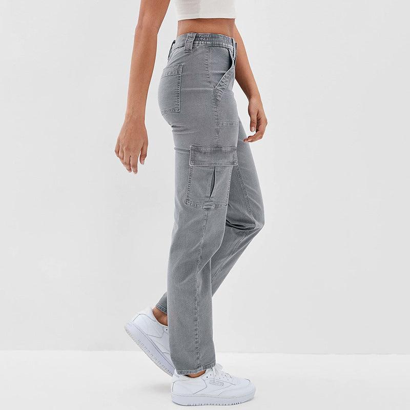 Chic High-Waisted Gray Straight-Leg Jeans with Functional Pockets - Vogue Aura