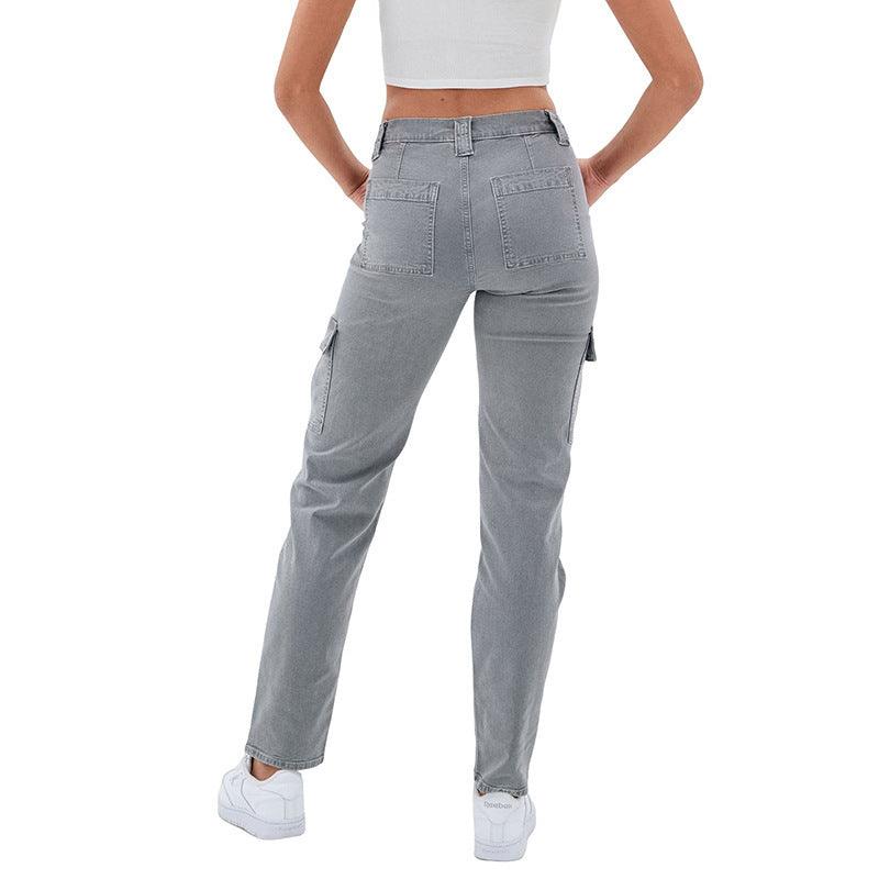 Chic High-Waisted Gray Straight-Leg Jeans with Functional Pockets - Vogue Aura