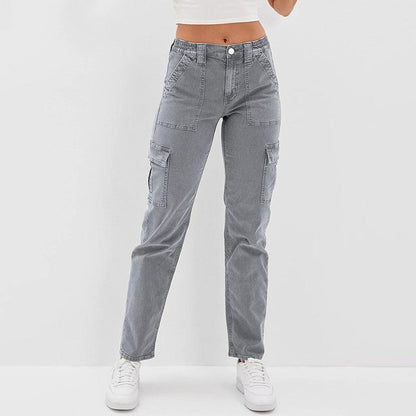 Chic High-Waisted Gray Straight-Leg Jeans with Functional Pockets - Vogue Aura