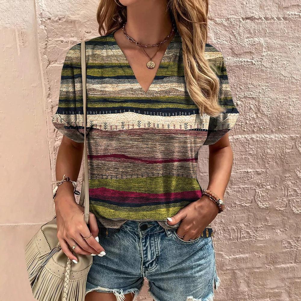 Trendy V-neck Striped Harajuku Tee for Women - Vogue Aura