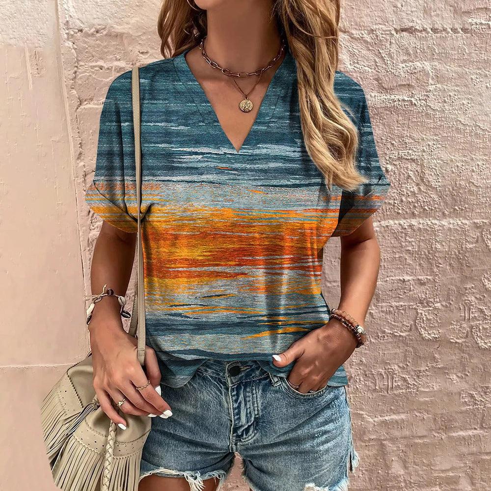 Trendy V-neck Striped Harajuku Tee for Women - Vogue Aura