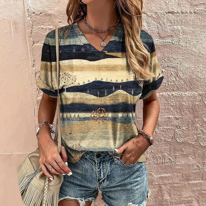 Trendy V-neck Striped Harajuku Tee for Women - Vogue Aura