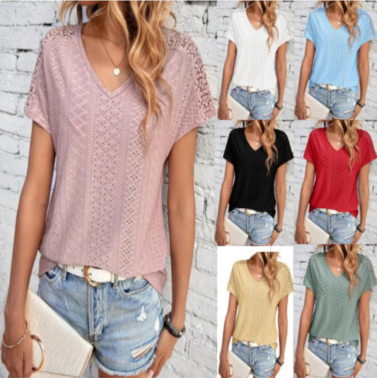 Trendy Women's V-Neck Sheer Mesh Short Sleeve Blouse in Classic Colors - Vogue Aura