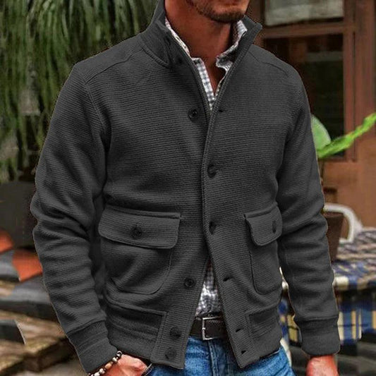 Versatile Men's Stand Collar Solid Knit Jacket - Vogue Aura