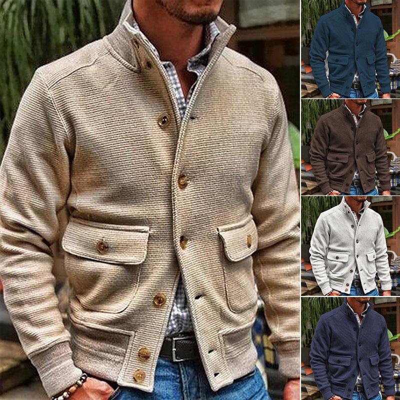 Men's Stand Collar Knit Jacket - Versatile Style and Comfort - Vogue Aura