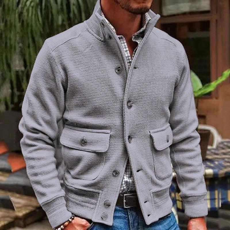 Men's Stand Collar Knit Jacket - Versatile Style and Comfort - Vogue Aura