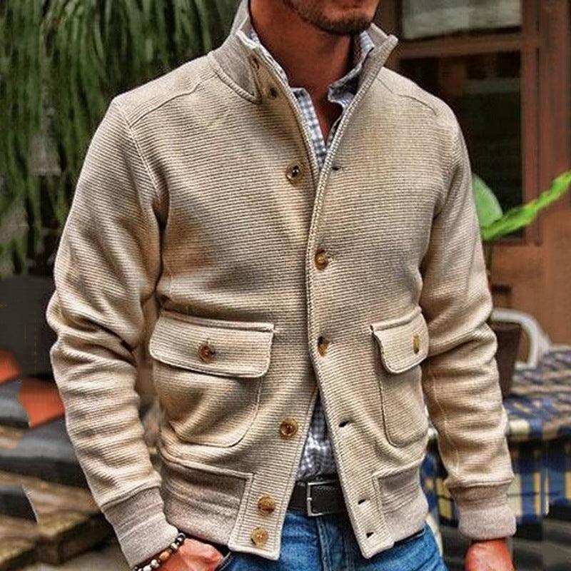 Men's Stand Collar Knit Jacket - Versatile Style and Comfort - Vogue Aura