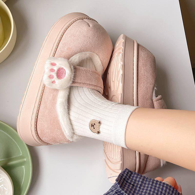 Cotton-Padded Women's Cartoon Cat Paw Velcro Plush Shoes - Vogue Aura