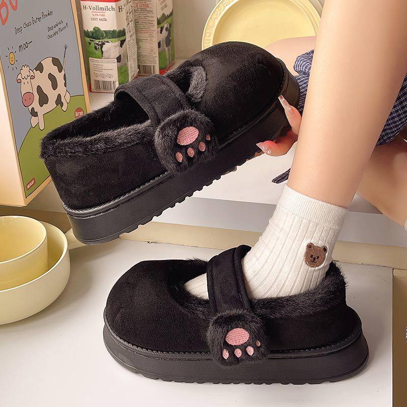 Cotton-Padded Women's Cartoon Cat Paw Velcro Plush Shoes - Vogue Aura